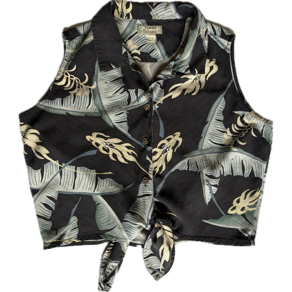 Tommy Bahama Womens Silk Blouse Lg Sleeveless Button-Up Tie Front Tropical